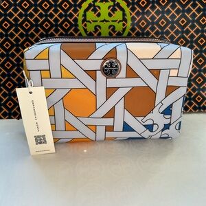 Tory Burch Nylon Basketweave Cosmetic Case Blue Basketweave Colorblock Brown